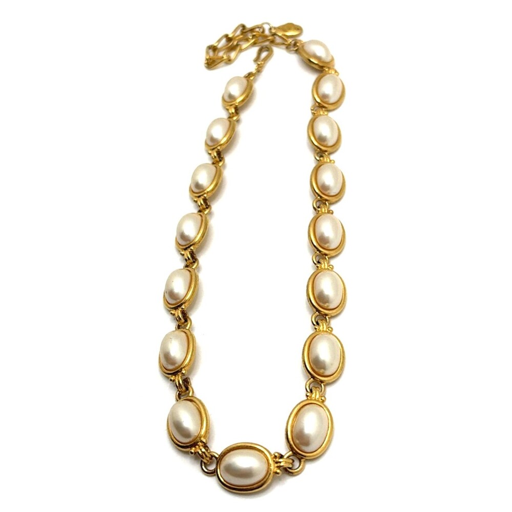 Vintage 1980s Liz Claiborne Faux Pearl Link Necklace Gold Tone 16" to 19" - Picture 4 of 8
